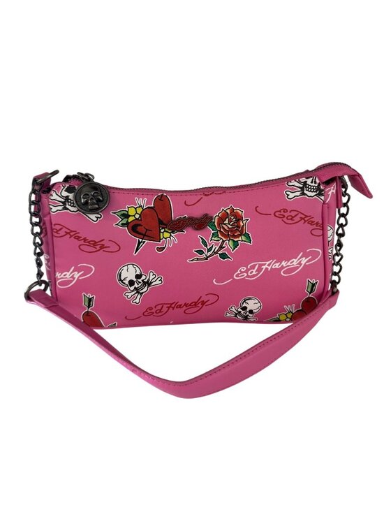 Ed Hardy Handbags - Ed Hardy Pink Tattoo Print Shoulder Bag With Skull Charm & Chain Accents